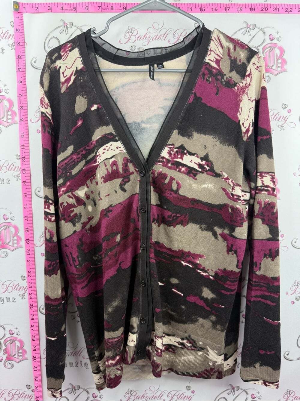 AMANDA GREEN Button-Front V-Neck Cardigan Sweater - Magenta, Black & Taupe